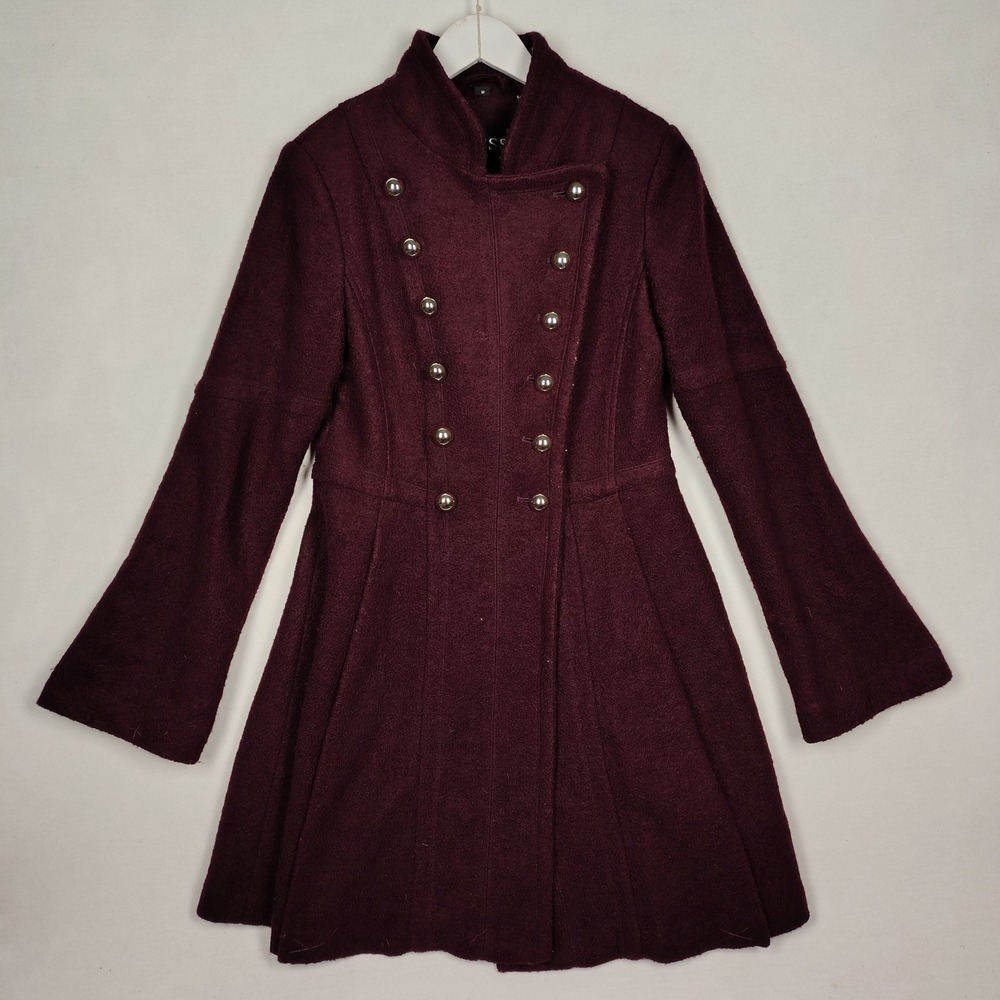 Guess Burgundy Wool Blend Military Fit and Flare Coat Silver Buttons Size M